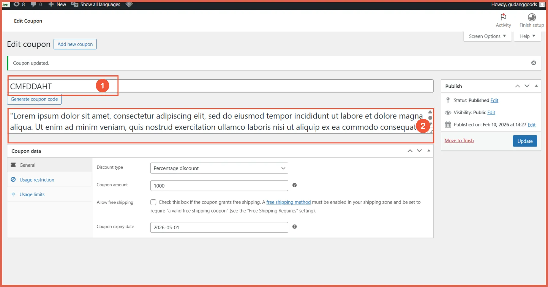 Masukkan nama kupon dan deskripsi
