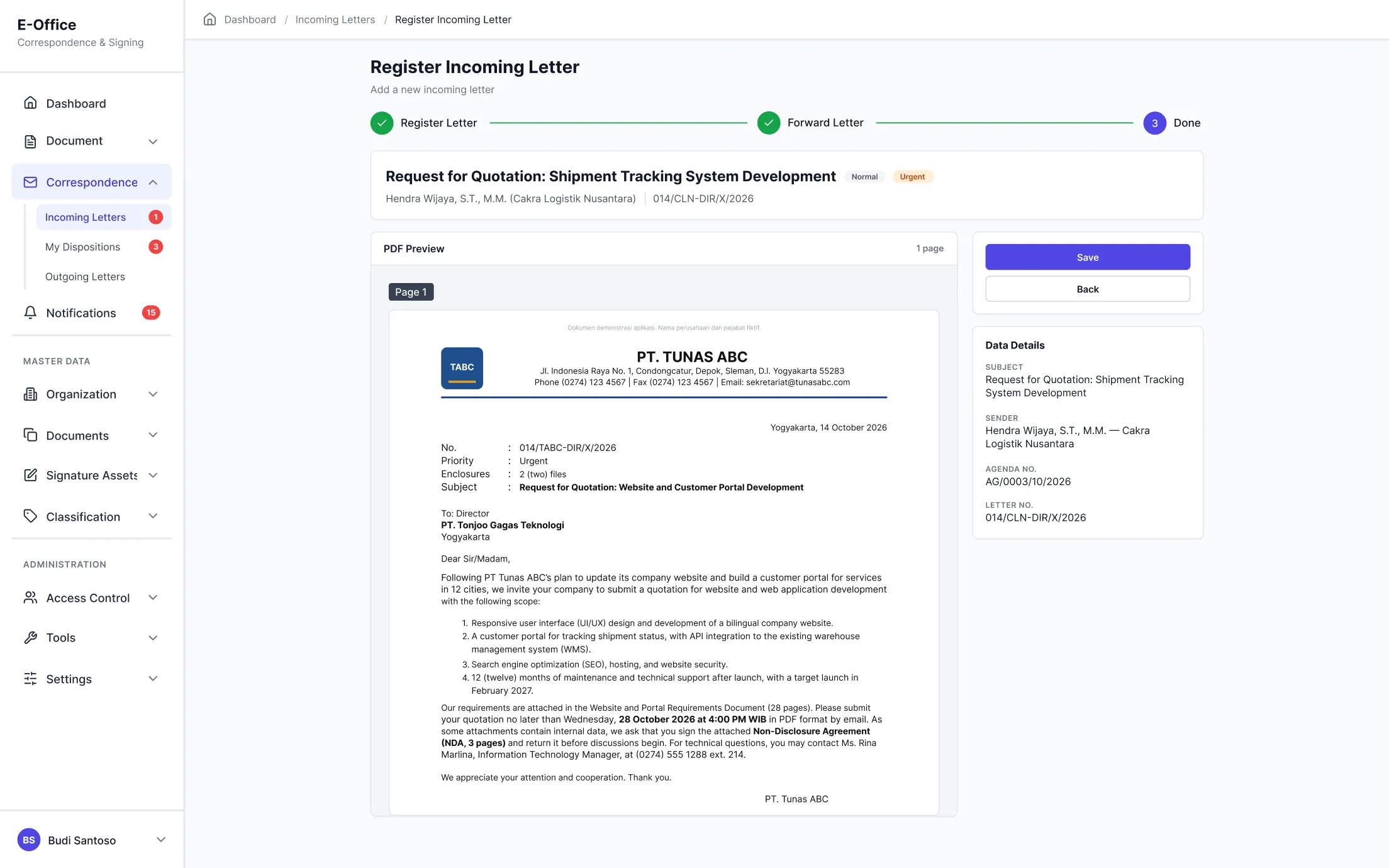 Incoming Letter Registration